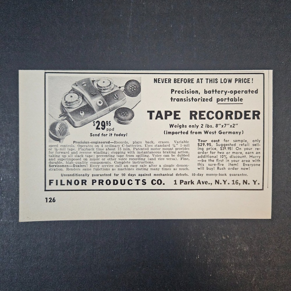 1958‎ Filnor Products Tape Recorder Vintage Print Ad Battery Operated Portable